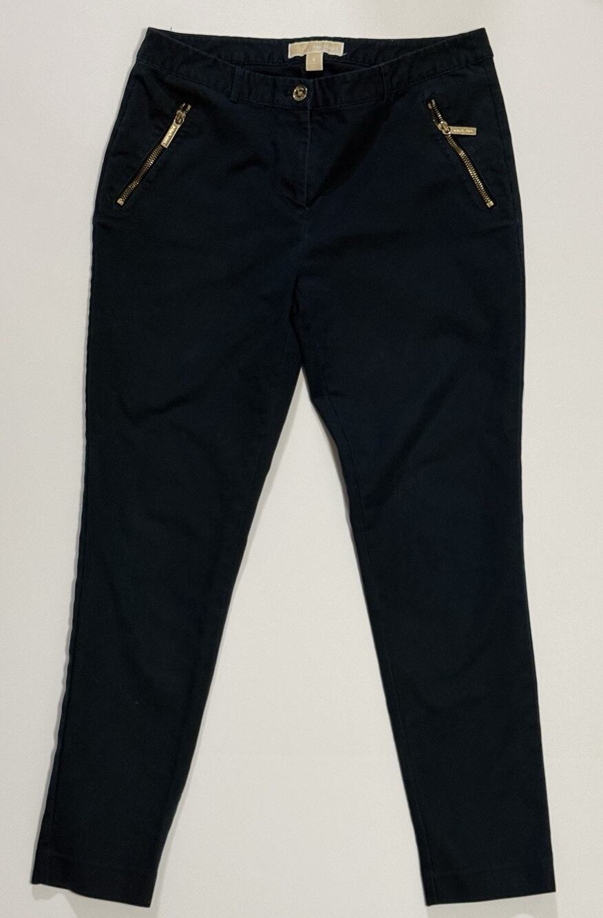Michael Kors Womens Navy Ankle Pants Size 8 Slim Fit Stretch Gold Zipper Pockets